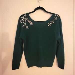 100% Cashmere Charter Club Dark Green Sweater with Embellished Gemstone Detail